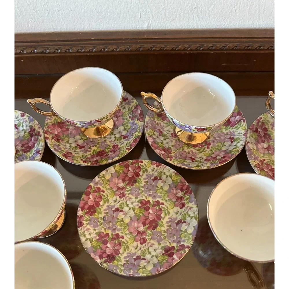 Set of 9 Vintage Fancy China Teacups & Saucers Flower Floral Pattern‎
